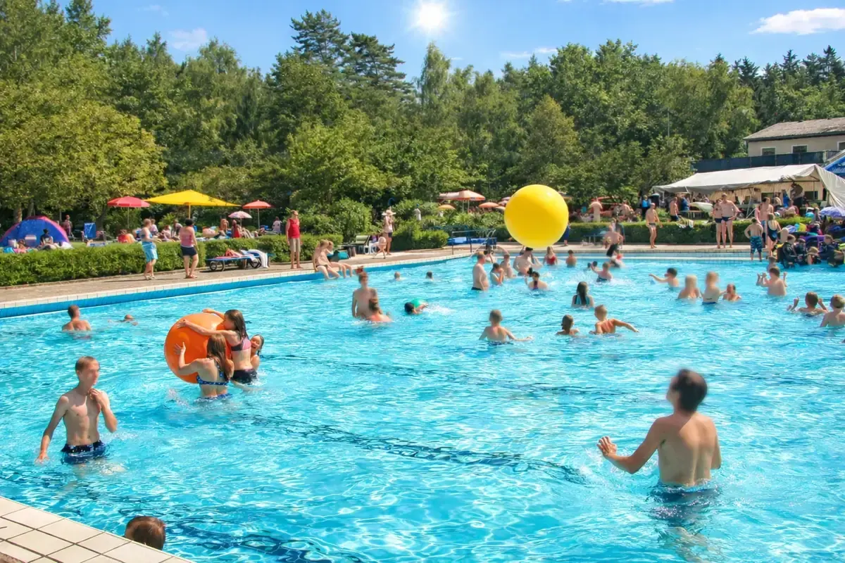 Waldbad Bleckede — Freibad mit Sonnenschirmen im Sommer